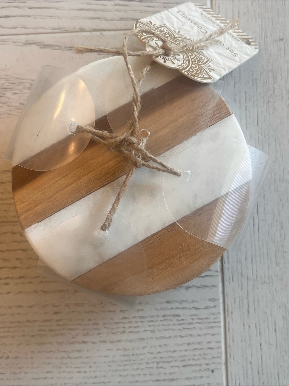 Round Marble and Wood Striped Coasters - Set of 4 NWT